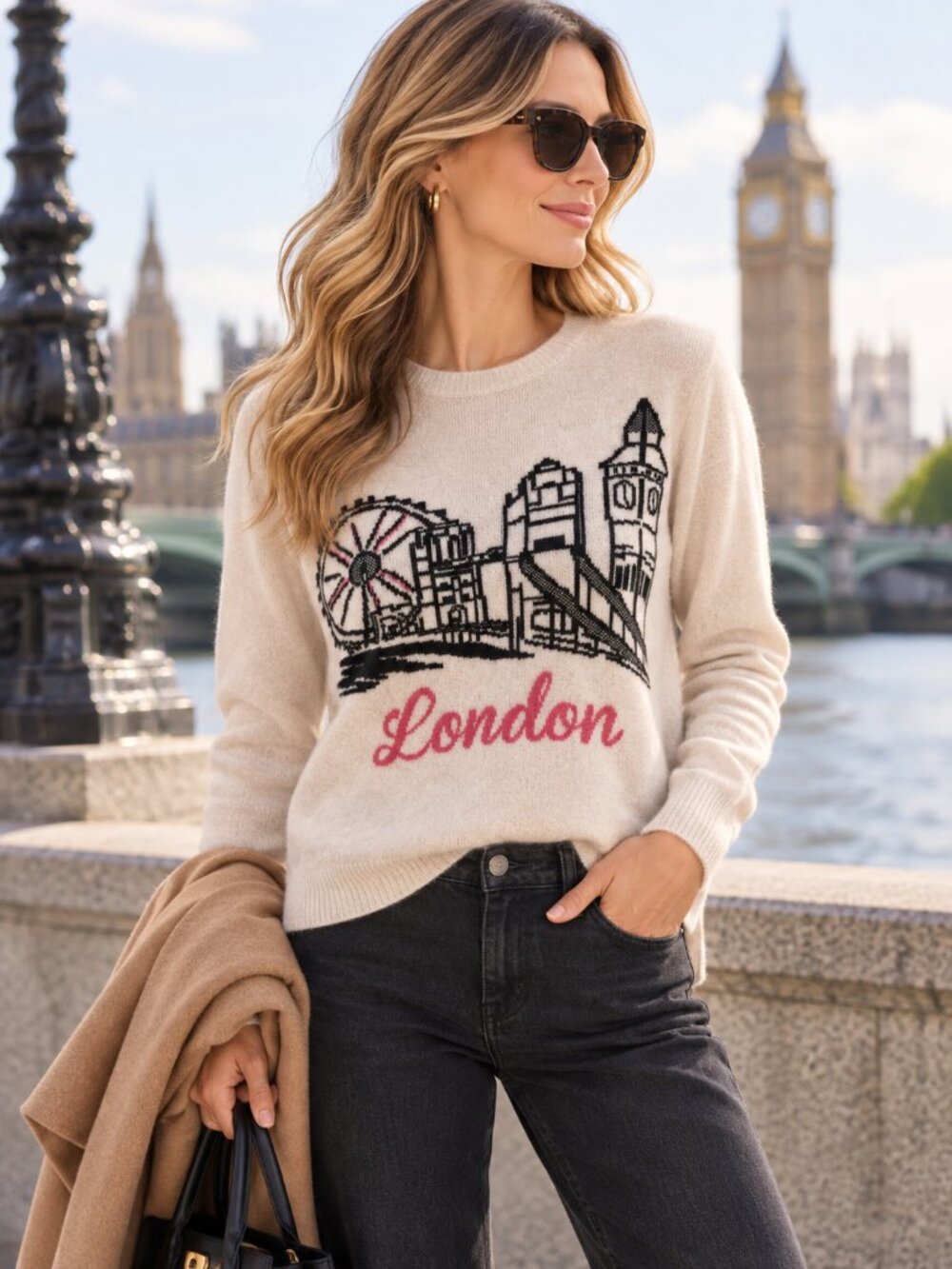 Neiman Marcus Cashmere London Intarsia Graphic Crewneck Sweater Small